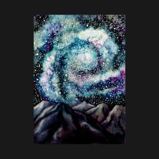 Watercolor Spiral Galaxy and Mountains T-Shirt