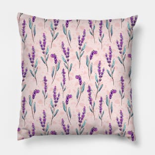 Watercolor and Ink Purple Lavender Flowers and Leaves on Pink Terrazzo Background Pillow