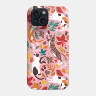 Autumn joy // pattern // light pink background cats dancing with many leaves in fall colors Phone Case