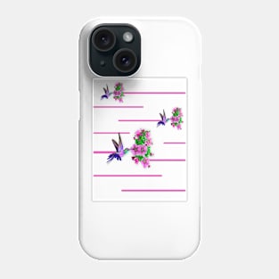 Hummingbirds and pink flowers on white Phone Case