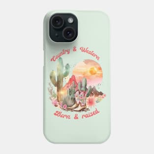 Country and western; west; country; music; cowgirl; country girl; gal; desert; landscape; vintage; retro; Nashville; cowboy; wild west; rodeo; boots; cowgirl boots; sunset; sky; born and raised; cactus; Phone Case