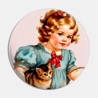 Little girl in a green dress with her beloved brindle kitten Pin