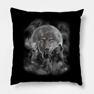 Three Wolves Howling - Full Moon with Wolf Silhouette Pillow