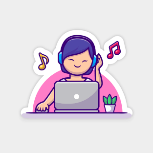Girl Listening Music With Headphone And Laptop Magnet