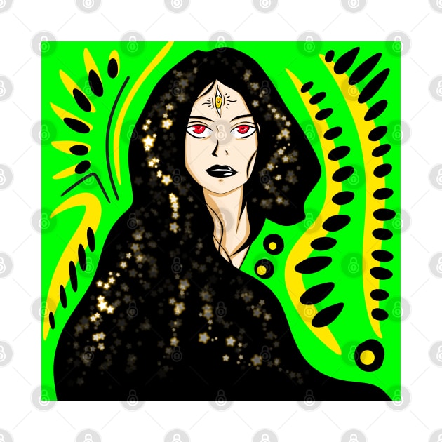 bright fortune teller woman in ecopop stars art by jorge_lebeau