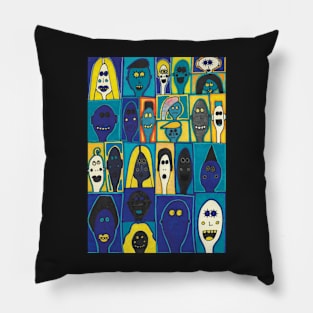 24 Faces in Blue and Yellow Pillow