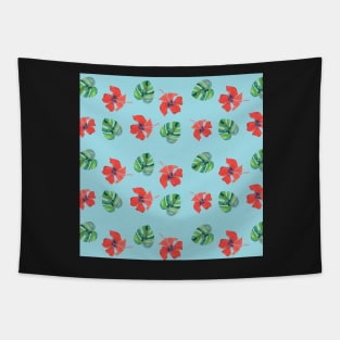 Red Hibiscus and Monstera Pattern with a blue background Tapestry