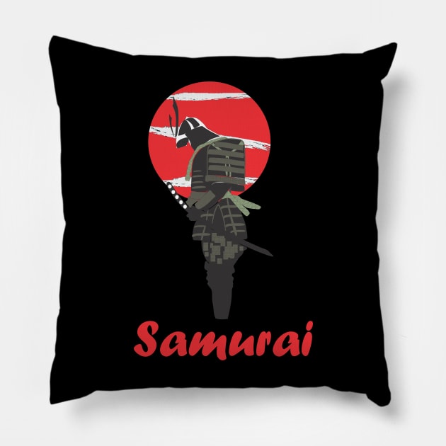 Samurai in the moon Pillow by Aestcoart