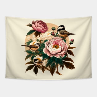 Chickadee and Peony Tapestry