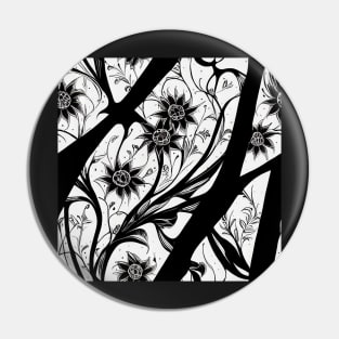 Vintage Floral Cottagecore  Romantic Flower Peony Design Black and White with Pink Pin