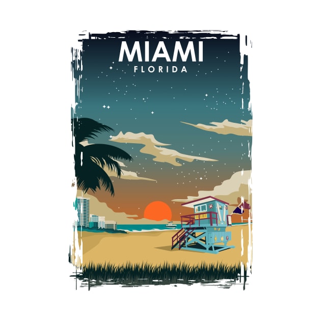 Miami Florida at Night Vintage Minimal Retro Beach Travel Poster by jornvanhezik