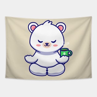 Cute Baby Polar Bear Meditation With Coffee Cup Cartoon Tapestry