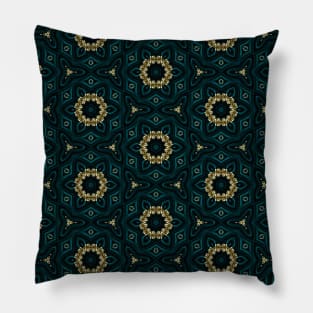 Blue and Gold Hexagonal Geometric Flower Pattern Pillow