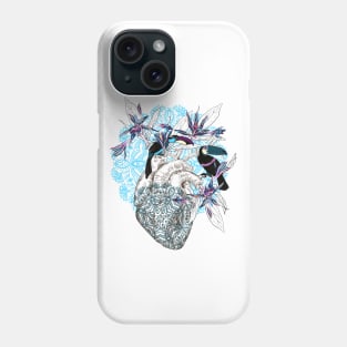 Human anatomical heart with flowers and two toucan birds Phone Case