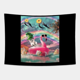 Cute Rainbow Cat On Flamingo With Dolphin Tapestry