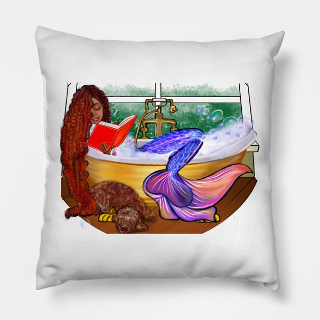 Mermaid bookworm with red hair reading book in bath literature librarian student teacher reader Pillow by Artonmytee