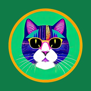 Cute Hippie Cat In Sunglasses. Green Background. Round Composition T-Shirt