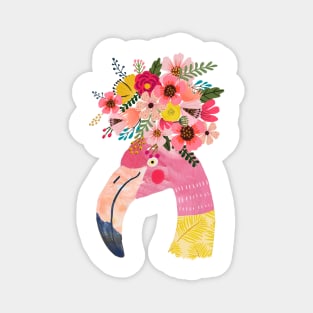 Cute Flamingo in pink and yellow with flowers on head Magnet