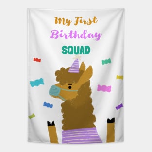 My First Birthday Squad - First Birthday quarantined lama with face mask. Tapestry