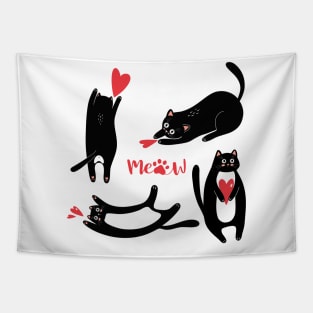 Cute black cats with heart and meow Tapestry