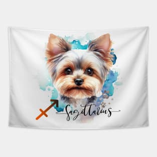 Sagittarius Zodiac Sign Cute Yorkie face watercolor art Tapestry