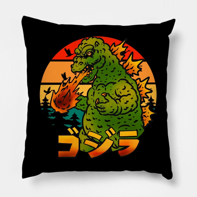 Godzilla retro sunset Pillow by Strawberryjamstudio