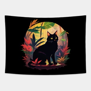 Black Cat in Colorful Garden Cat Mom Tapestry