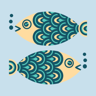 TWO FUN SWIMMING GEOMETRIC FISH Retro in Dark Blue, Turquoise and Cream - UnBlink Studio by Jackie Tahara T-Shirt