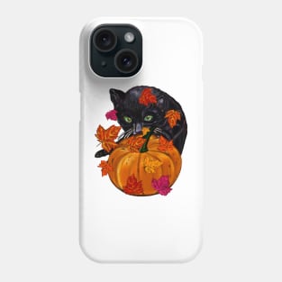 Pumpkin,maple leaf, black cat and falling autumn leaves Phone Case