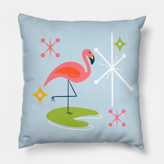 Mid-Century Modern Pink Flamingo with Retro Icons Repeating Pattern Pillow by ksrogersdesigns