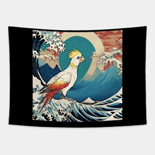 Vintage Cockatiel Bird Surfing in the Great Wave Bird Watching Bird Dad Feeder Tapestry