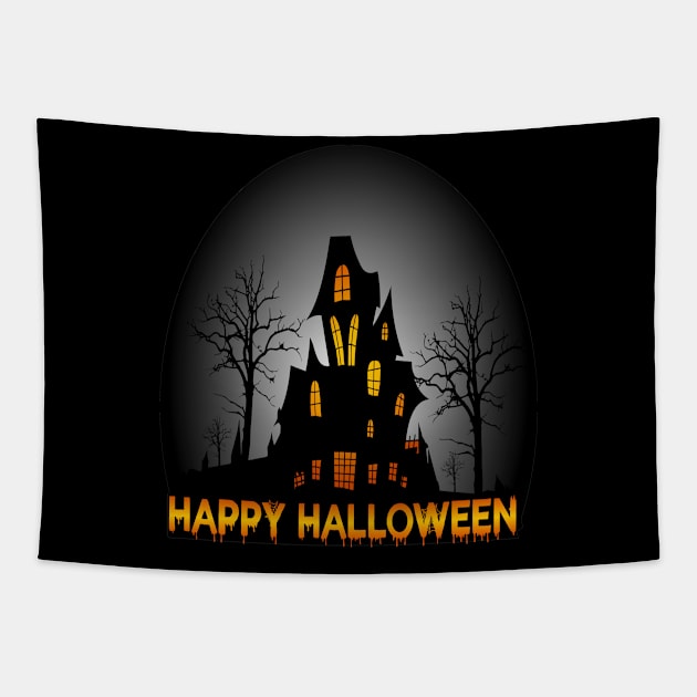 Scary Halloween Castle At Night Scenery Silhouette Halloween Night Background With Castle And Fearful Trees Spooky Haunted Castle Scene Tapestry by Modern Art