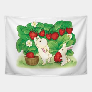 Cute Rabbits Strawberry Picking Tapestry