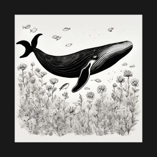 Whale in a Sea of Flowers - Black and White Illustration T-Shirt