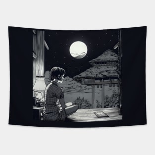 Lonely woman looking at moon on balcony Tapestry