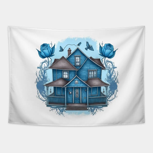 The Girls Blue House - Flowers - Gilmore Tapestry by Fenay-Designs