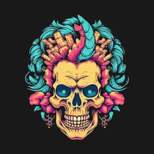 Skull with Flowers and Vaporwave Colors T-Shirt