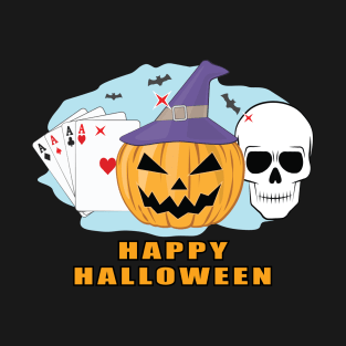 Happy Poker Halloween - Spooky Skull, Pumpkin & Cards T-Shirt