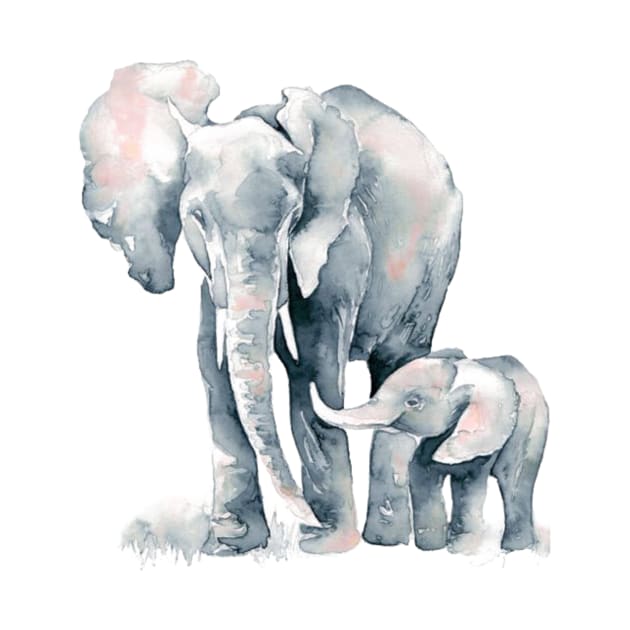 Adorable Watercolor Baby Elephant & Mum by Honu Art Studio