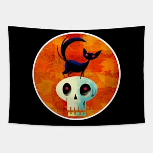 Halloween Cat on Skull Tapestry