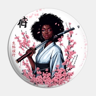 Afroamerican Girl in Kimono with Katana: A Meeting of Cultures Pin