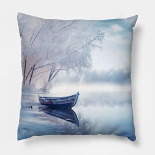 Lake Boat In Winter Serene Landscape Pillow