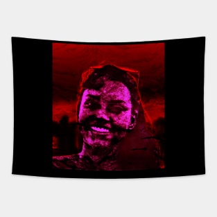 Girl, in place like hell, looking and smiling. Dark and beautiful. Tapestry