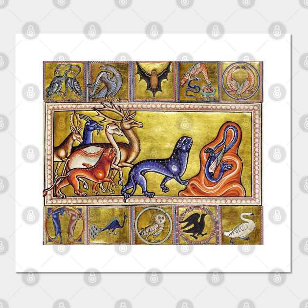 MEDIEVAL BESTIARY,DEERS,GOAT,CAMEL PANTHER,SNAKE DRAGON,FANTASTIC ANIMALS IN GOLD RED BLUE COLORS - Medieval Bestiary - Posters and Art Prints | TeePublic MEDIEVAL BESTIARY,DEERS,GOAT,CAMEL PANTHER,SNAKE DRAGON,FANTASTIC ANIMALS IN GOLD RED BLUE COLORS - Medieval Bestiary - Posters and Art Prints | TeePublic