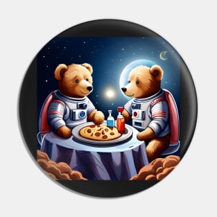 Two Teddy's in space suits having a romantic dinner on the Moon Pin