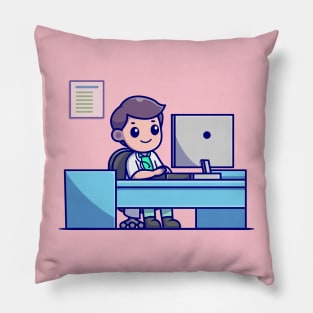 Cute Doctor Working On Computer Cartoon Pillow