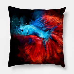 Blue Betta Fish with Red Tail watercolor Pillow