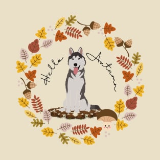 Husky in Autumnal Leaf Circle with Hello Autumn Sign T-Shirt