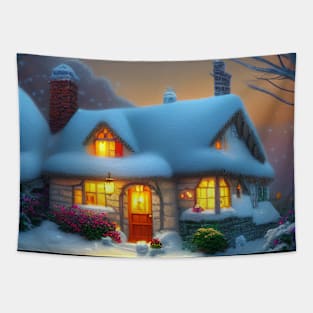 Magical Fantasy Cottage with Lights In A Snowy Scene, Scenery Nature Tapestry