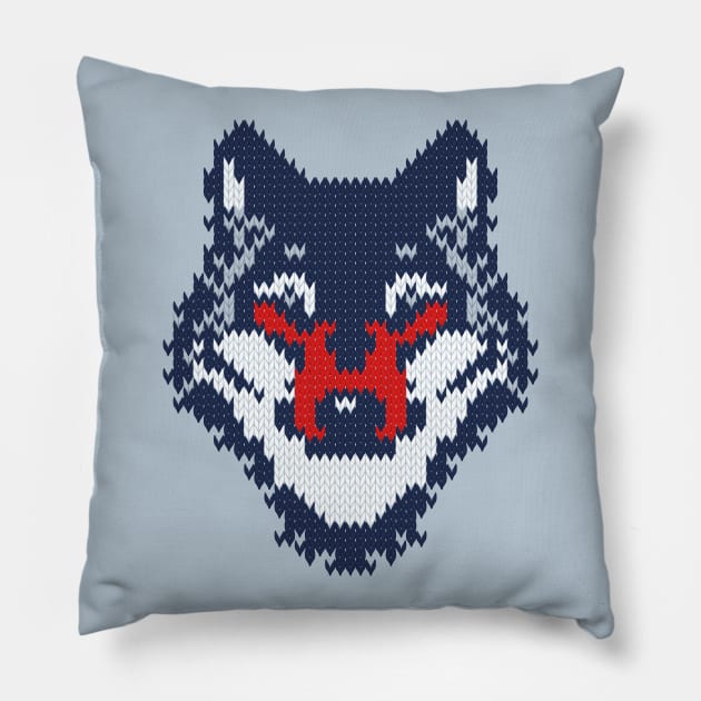 Fair isle knitting grey wolf // spot illustration // navy blue grey and red wolf Pillow by SelmaCardoso